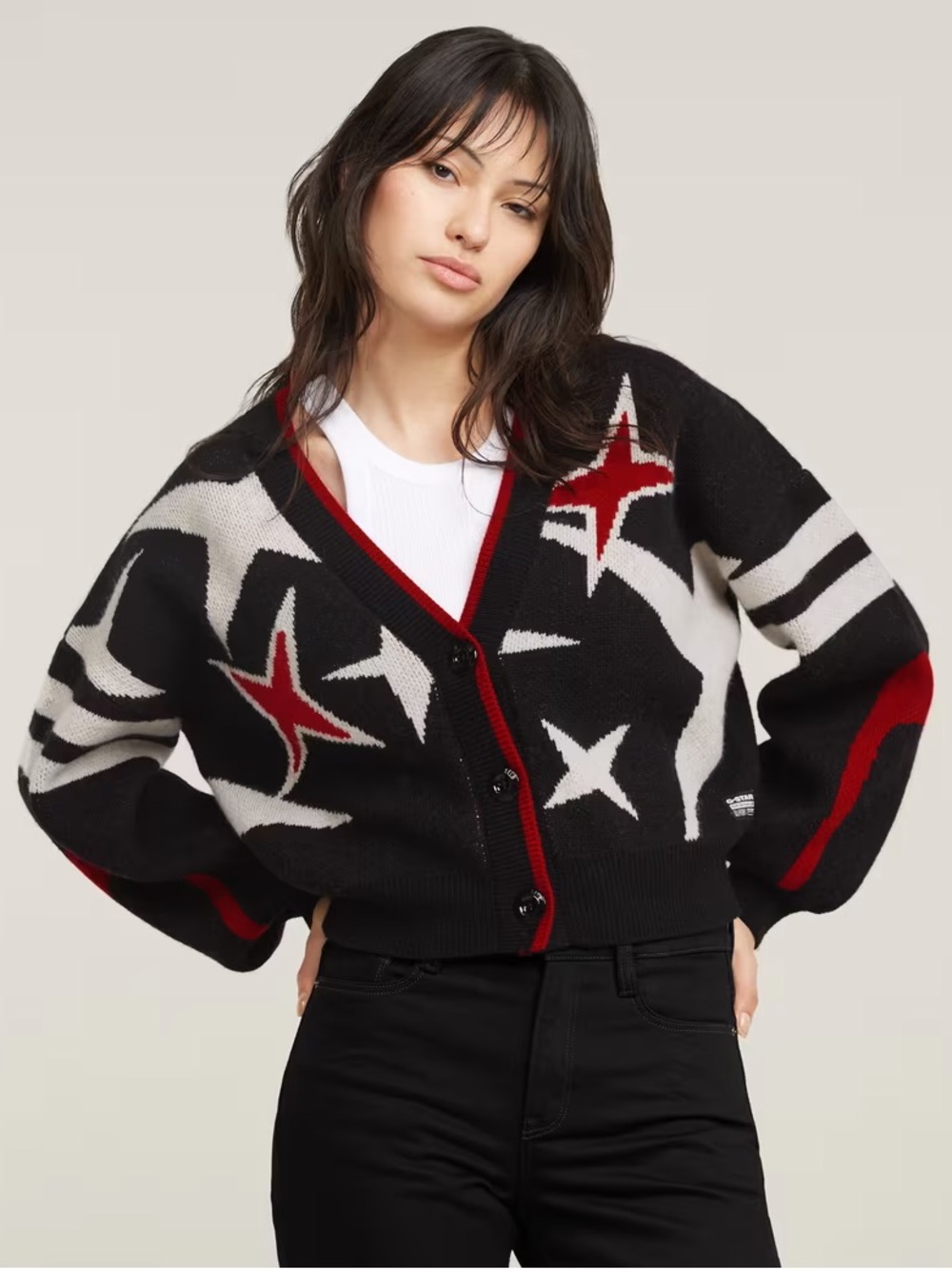 NWT G-Star RAW Holiday Loose Knitted Cardigan Black Star Graphic Wool Blend M